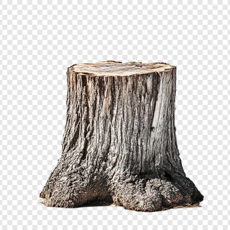 PSD un tronco de árbol desgastado se encuentra solo contra un fondo transparente que muestra su textura áspera y detalles de descomposición natural ideales para proyectos de diseño que necesitan elementos rústicos