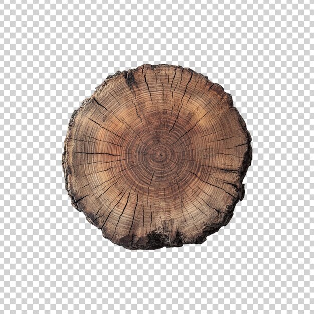 Un tronco de árbol con un tronco de madera en él y una sección transversal en un fondo transparente