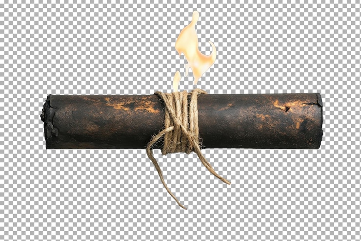 PSD un tronco ardiente envuelto en cuerda que descansa sobre una superficie blanca resalta elementos de fuego y naturaleza