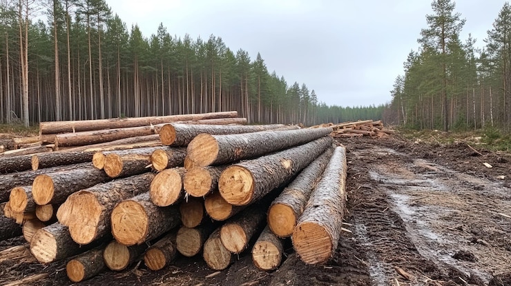 PSD los troncos apilados en un claro forestal para su procesamiento