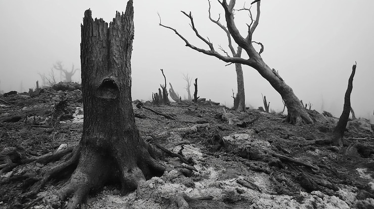 PSD los troncos de árboles carbonizados y los árboles muertos en un paisaje de niebla después del incendio