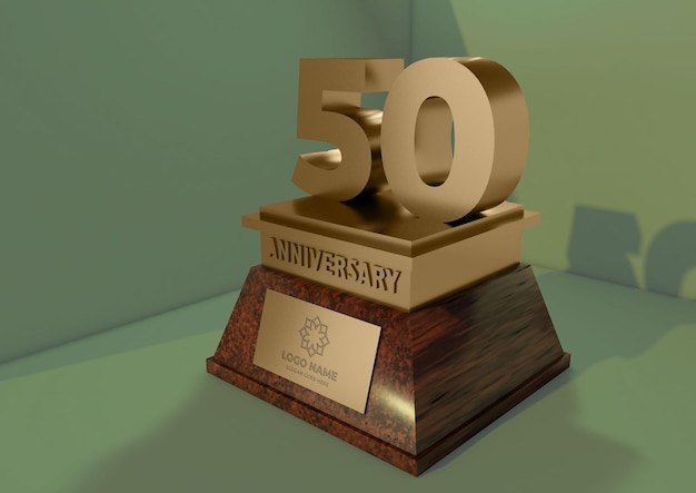 PSD trophée anniversaire d'or avec base en bois et dessus doré