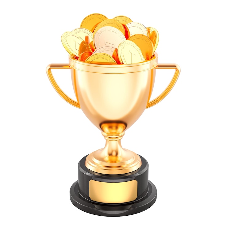 PSD trophée d'or remporté par des pièces d'or 3d isolées sur un fond transparent