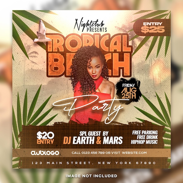 Tropical beach dj party publicación de instagram psd