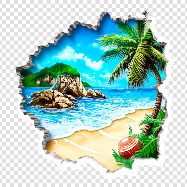 PSD tropical beach scene ripped paper effect