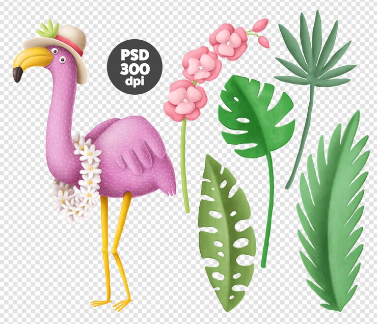 PSD tropical flamingo and leaves