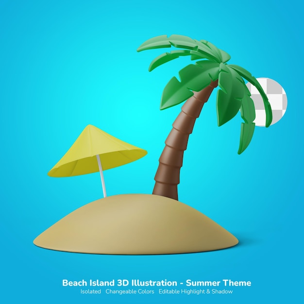 Tropical island strand sommerurlaub 3d-illustration 3d-symbol editierbare farbe