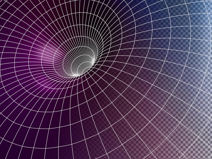 PSD trou noir 3d ou vortex en fil de fer coloré. tunnel ou portail futuriste avec une grille laser au néon sur fond sombre. illusion graphique de maillage géométrique abstrait de chaîne de ligne. hyperespace
