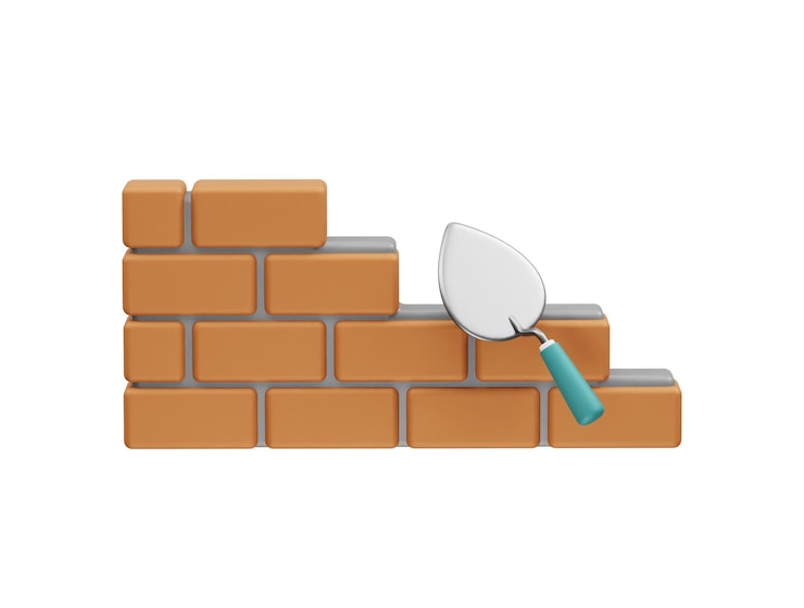 PSD trowel and bricks wall icon 3d rendering illustration