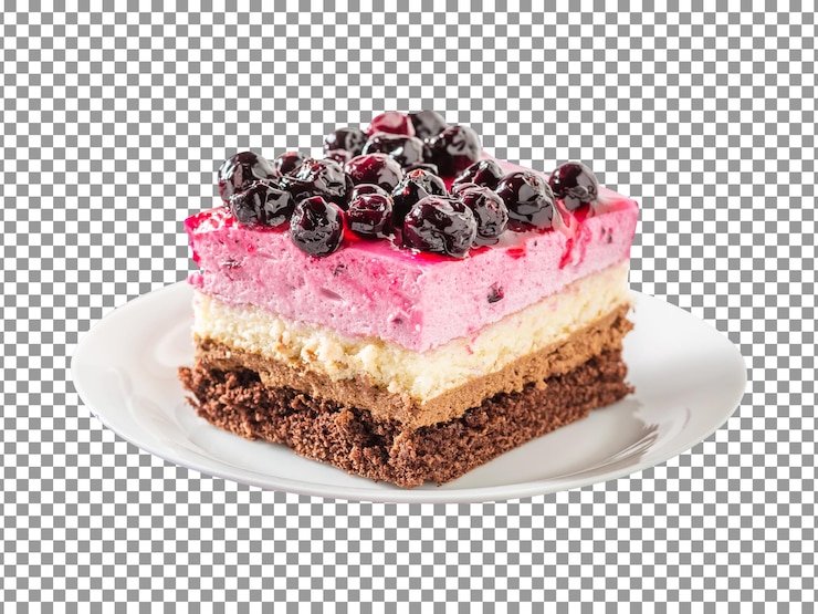 PSD un trozo de pastel con arándanos en un plato con fondo transparente