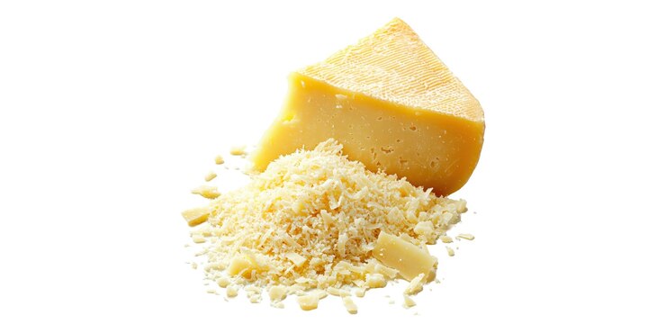 PSD un trozo de queso parmesano duro y trozos rallados aislados sobre un fondo transparente
