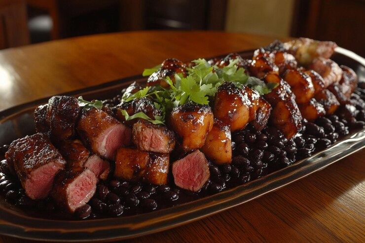 PSD trozos de carne y patatas esmaltadas servidas con frijoles negros