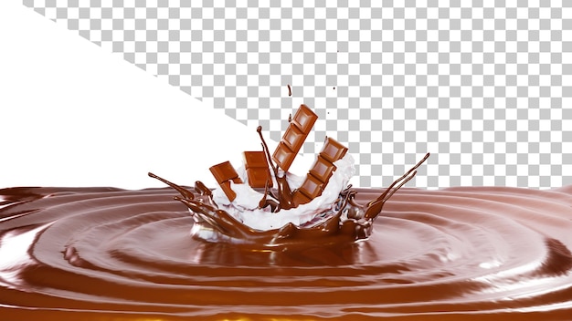 Trozos de chocolate en un spray de leche Líquido de chocolate splash de corona con trocitos de barras de chocolatexA