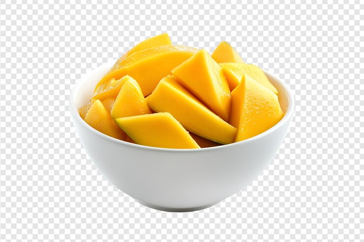 PSD trozos de mango fresco en un cuenco aislado sobre un fondo transparente