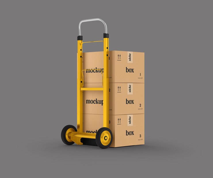 PSD truck à main transportant des boîtes de carton empilées concept de transport et de livraison