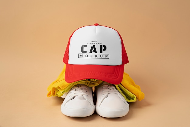 Trucker-hut-modell mit turnschuhen