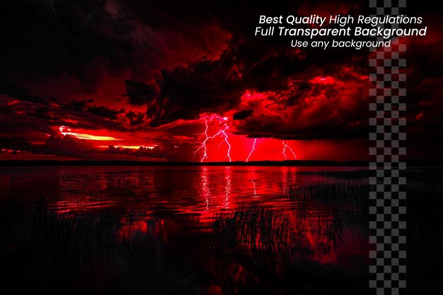 El trueno rojo del cielo el relámpago bailando sobre el océano con nubes oscuras en la superficie transparente