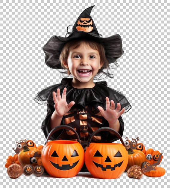 Truque ou travessura de fantasia de halloween para criança isolada em fundo transparente