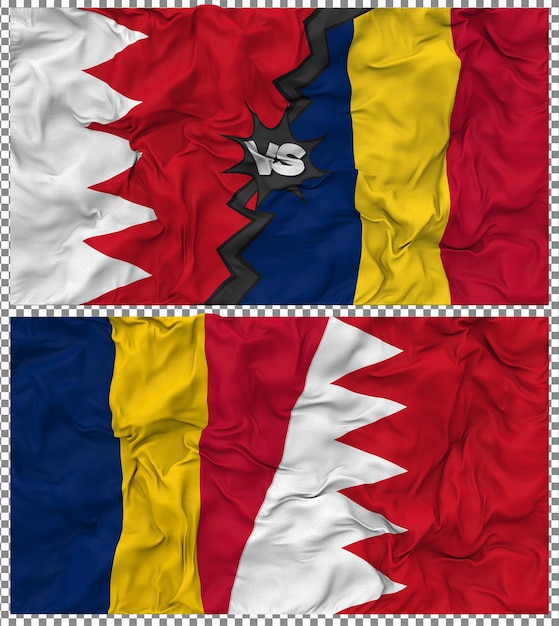 Tschad gegen Bahrain Halbkombinierte Flagge Stoff-Bump-Textur 3D-Rendering