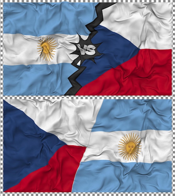 Tschechische Republik gegen Argentinien Halbkombinierte Flagge Stoff-Bump-Textur 3D-Rendering