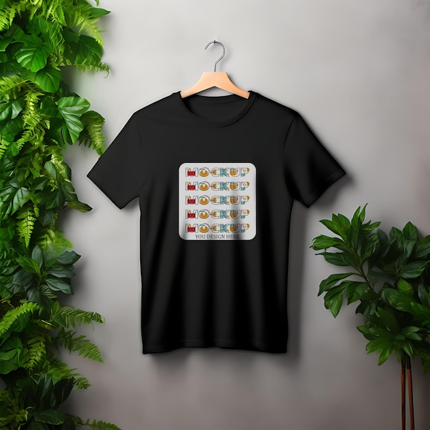 Tshirt noir pour fond de mur de conception de maquette avec plante d'intérieur