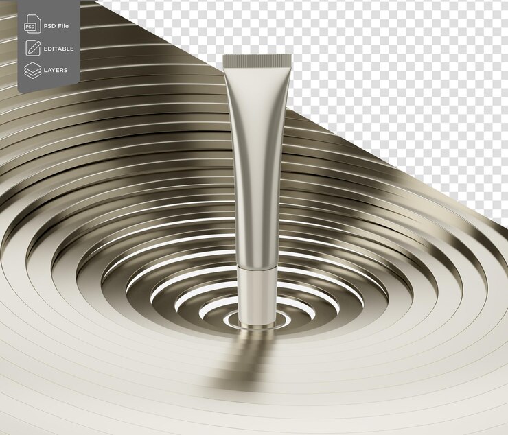 PSD tube de crème de produit cosmétique argenté brillant vide debout sur un tourbillon métallique arrière-plan illustration 3d