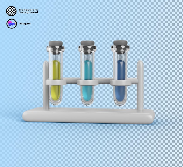 Tubi di prova scientifici in vetro di laboratorio di chimica 3D in stand attrezzature di fiale di laboratorio trasparenti realistiche con sostanza liquida colorata e tappo Vetreria chimica isolata su sfondo blu