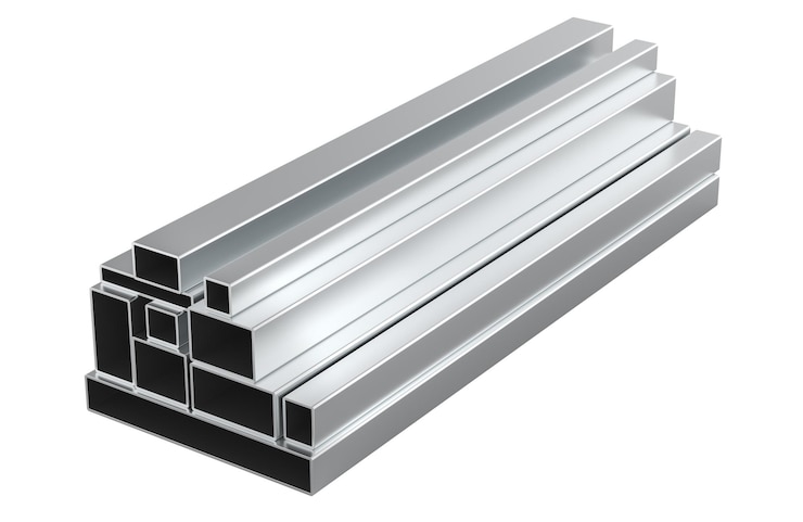 PSD tubi quadrati di metallo laminato di dimensioni diverse sezione vuota quadrata in acciaio rendering 3d del tubo isolato su sfondo trasparente