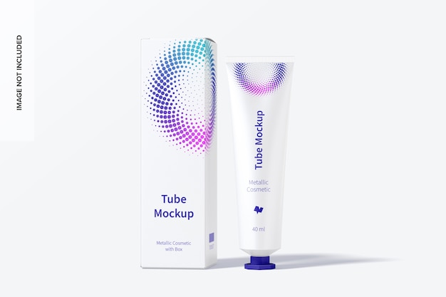Tubo cosmético metálico de 40 ml com vista frontal da caixa de maquete
