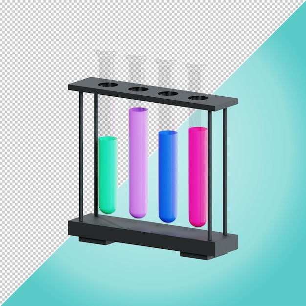 PSD tubo de ensaio com líquido rosa azul roxo verde dentro da ilustração de renderização química 3d para educação
