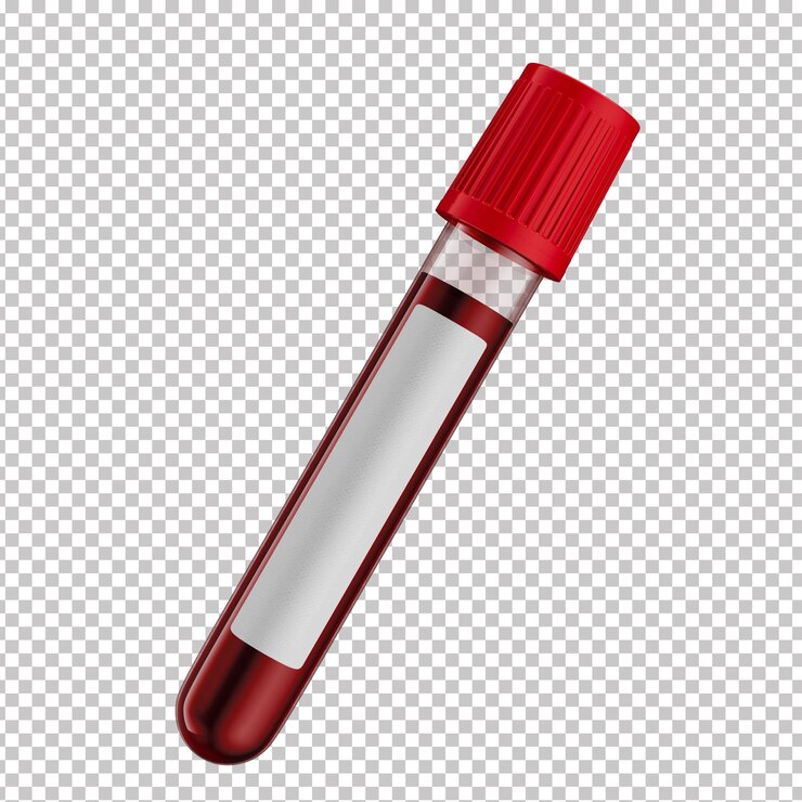 PSD tubo de ensayo 3d con sangre en el fondo transparente