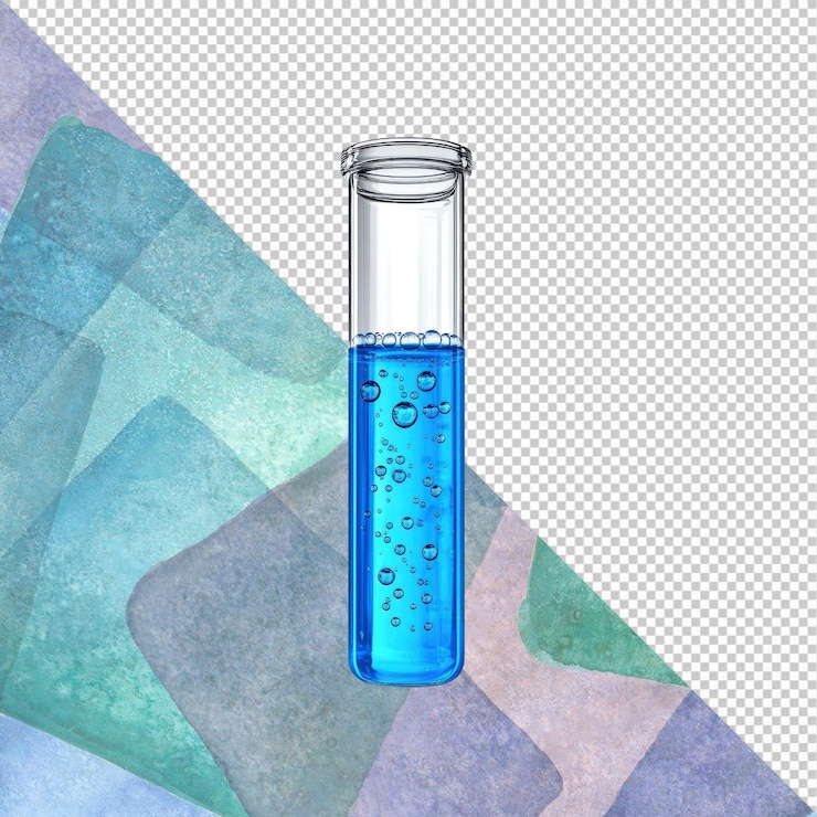 PSD tubo de ensayo con líquido azul y burbujas concepto de experimento científico