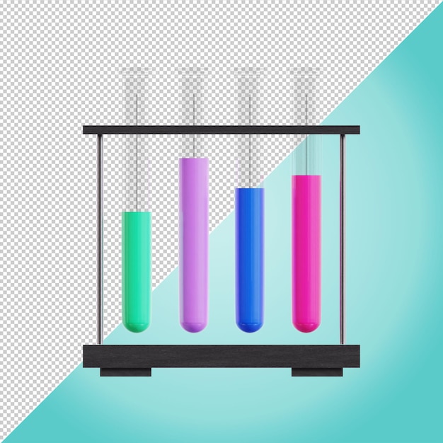 PSD tubo de ensayo con líquido rosa azul púrpura verde dentro de la ilustración de procesamiento químico 3d para la educación