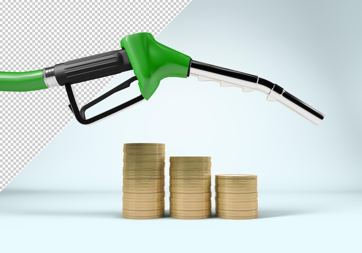 PSD tubo flessibile del carburante su pile di monete concetto di prezzo in aumento mockup