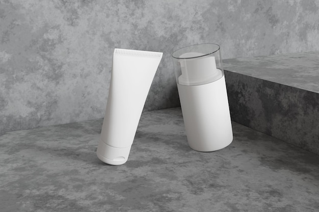 Tubos cosméticos e maquete de garrafa em superfície de concreto