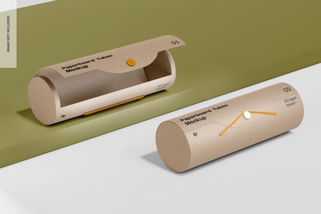 Tubos de papelão com maquete de elástico, perspectiva
