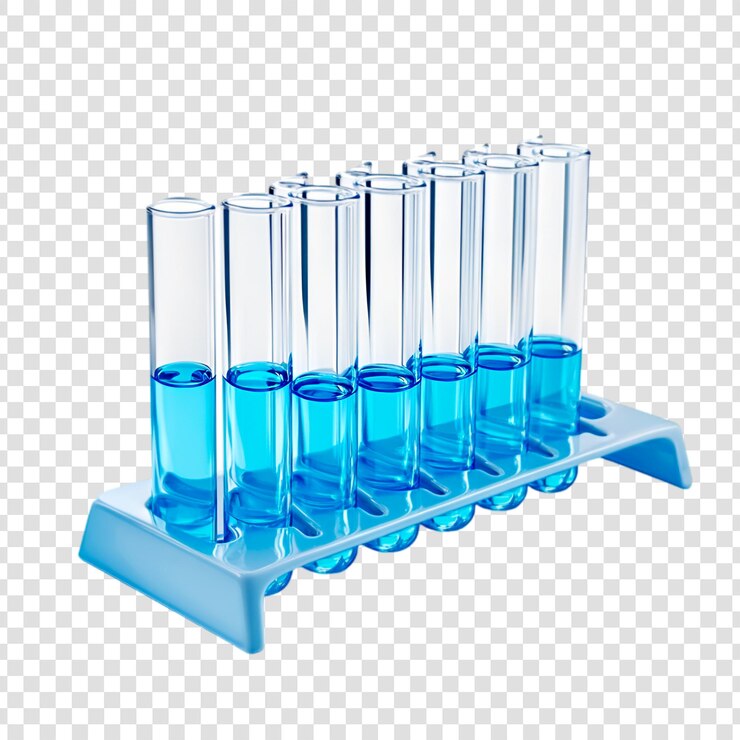 PSD los tubos de ensayo con líquido azul en un estante de laboratorio experimento científico investigación química