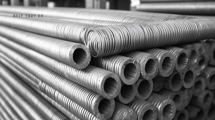 PSD tubos metálicos apilados con ranuras helicoidales en el entorno industrial