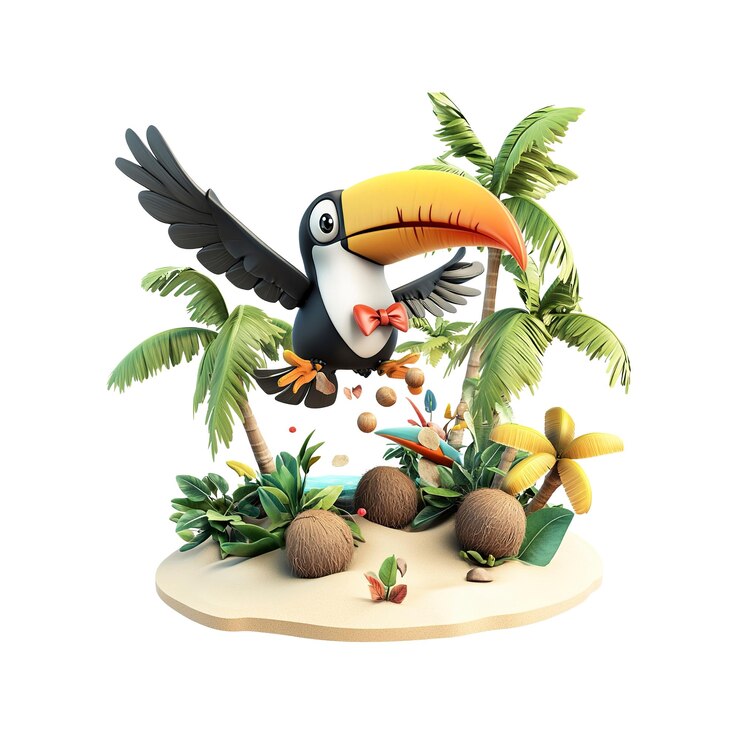 PSD tucano alegre en la isla tropical del paraíso 3d render