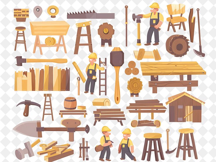 PSD tukang kayu rustic dengan karakter membangun dan membuat furni png ilustrasi orang dalam pekerjaan sehari-hari