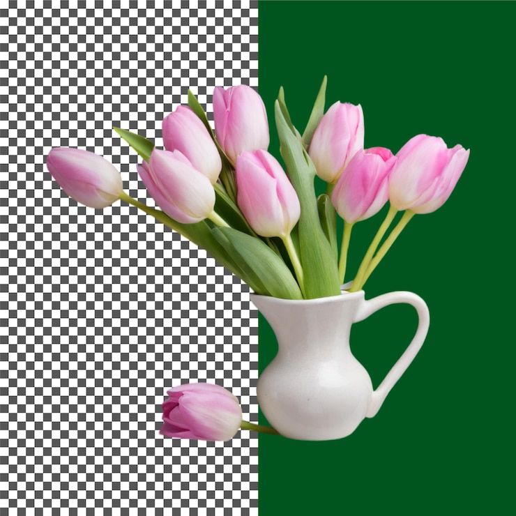 PSD tulipas cor-de-rosa em vaso branco bunch de ervas de salsa vibrante para uso culinário em fundo transparente png