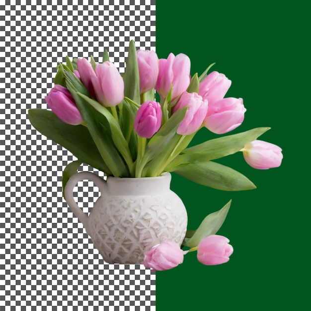 Tulipas cor-de-rosa encantadoras em xícara branca Fotografia floral em fundo transparente png psd
