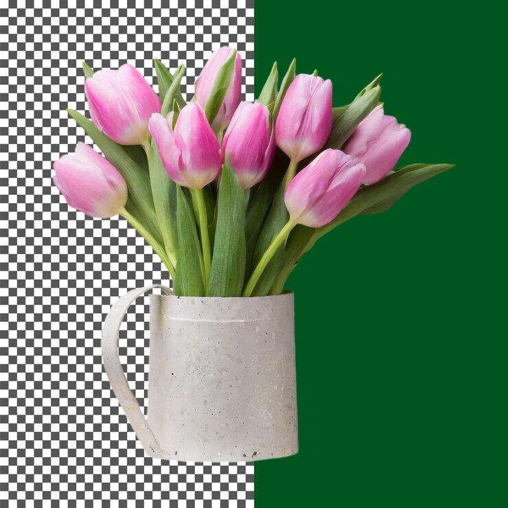 PSD tulipas cor-de-rosa encantadoras em xícara branca fotografia floral em fundo transparente png psd