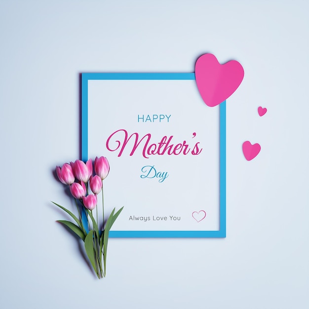 Tulipas cor de rosa no topo do quadro com corações em fundo azul Feliz Dia das Mães Texto 3D Rendering
