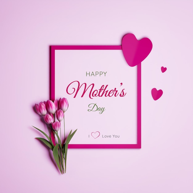 Tulipas cor de rosa no topo do quadro com corações em fundo rosa feliz dia das mães texto renderização em 3D