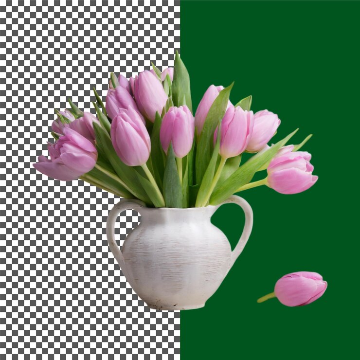 PSD tulipas rosa em um vaso tulipas rosa encantadoras em xícara branca fotografia floral em fundo transparente