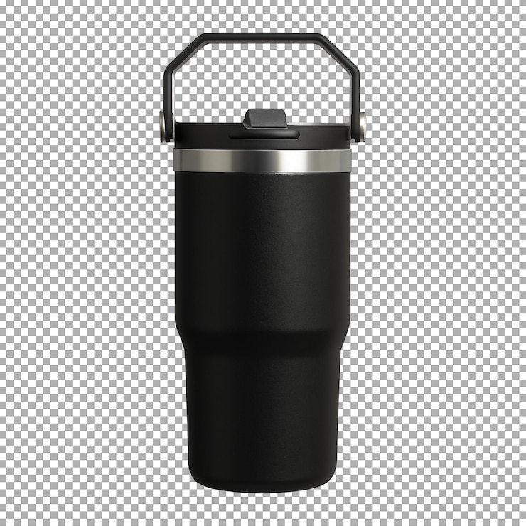 PSD tumbler aislado negro o taza de viaje con mango y tapa
