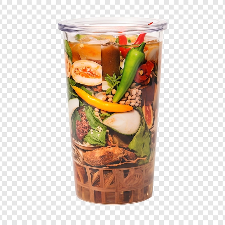PSD tumbler makanan thailand yang semarak ditampilkan di tab kayu yang terisolasi di latar belakang transparan