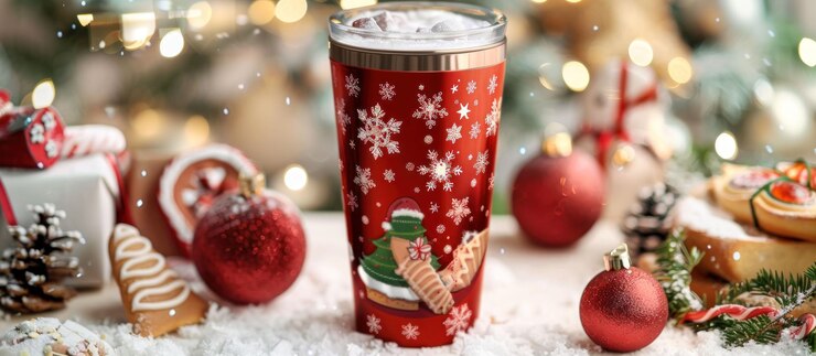 PSD tumbler rosso di natale con decorazioni festive