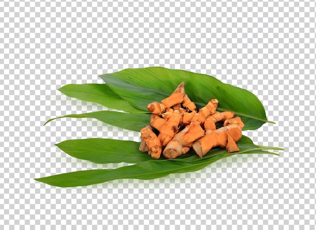 Tumeric kurkumawurzel mit geschnittener scheibe und grünem blatt isoliert auf weißem hintergrund premium-foto psd